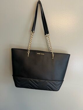 Anne Klein Black Quilted-Bottom Tote with Gold Chain Straps